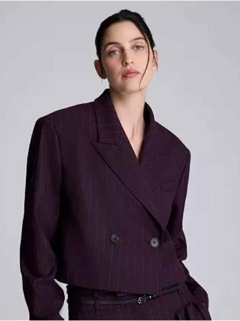Cropped Double-Breasted Pinstripe Blazer - Deep Plum